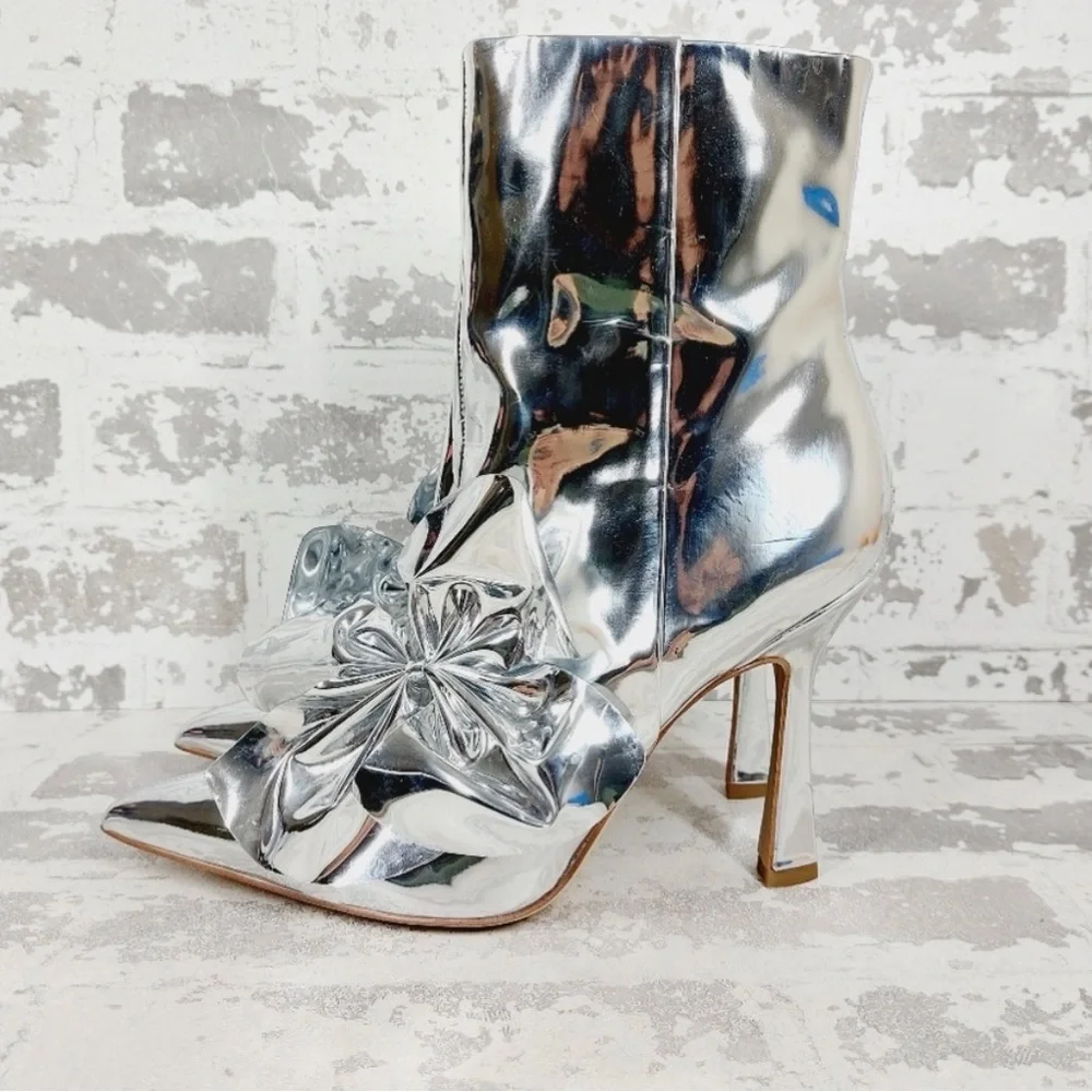New Sam Edelman Esmae Stiletto Ankle Bootie Metallic Shiny Silver Boots